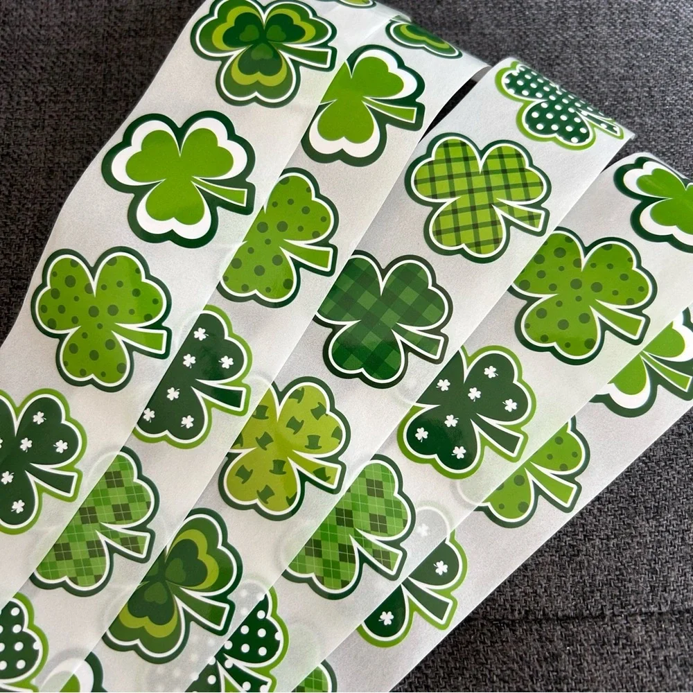 50 Count - Festive Shamrock, Clover Stickers, Variety, Green, White, 1.5 inches